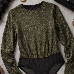 Vintage 80s Victoria’s Secret Gold Metallic Bodysuit Long Sleeve Disco Leotard